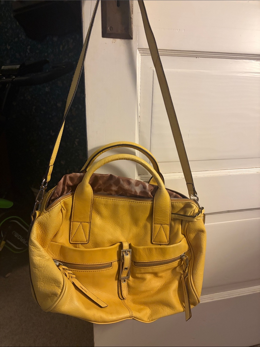 B Makowsky Yellow Leather Satchel Handbag with Shoulder Strap
